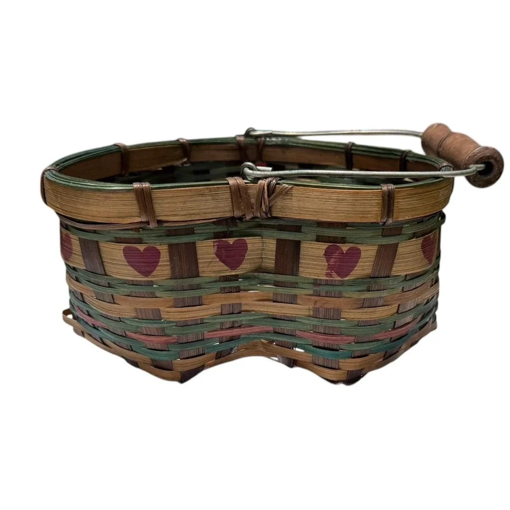 Vintage Heart Shaped Woven Basket Wood Handle Primitive Farmhouse Cottage Decor